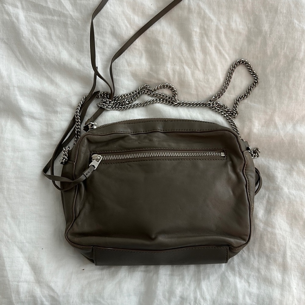 All Saints taupe crossbody bag with silver chain